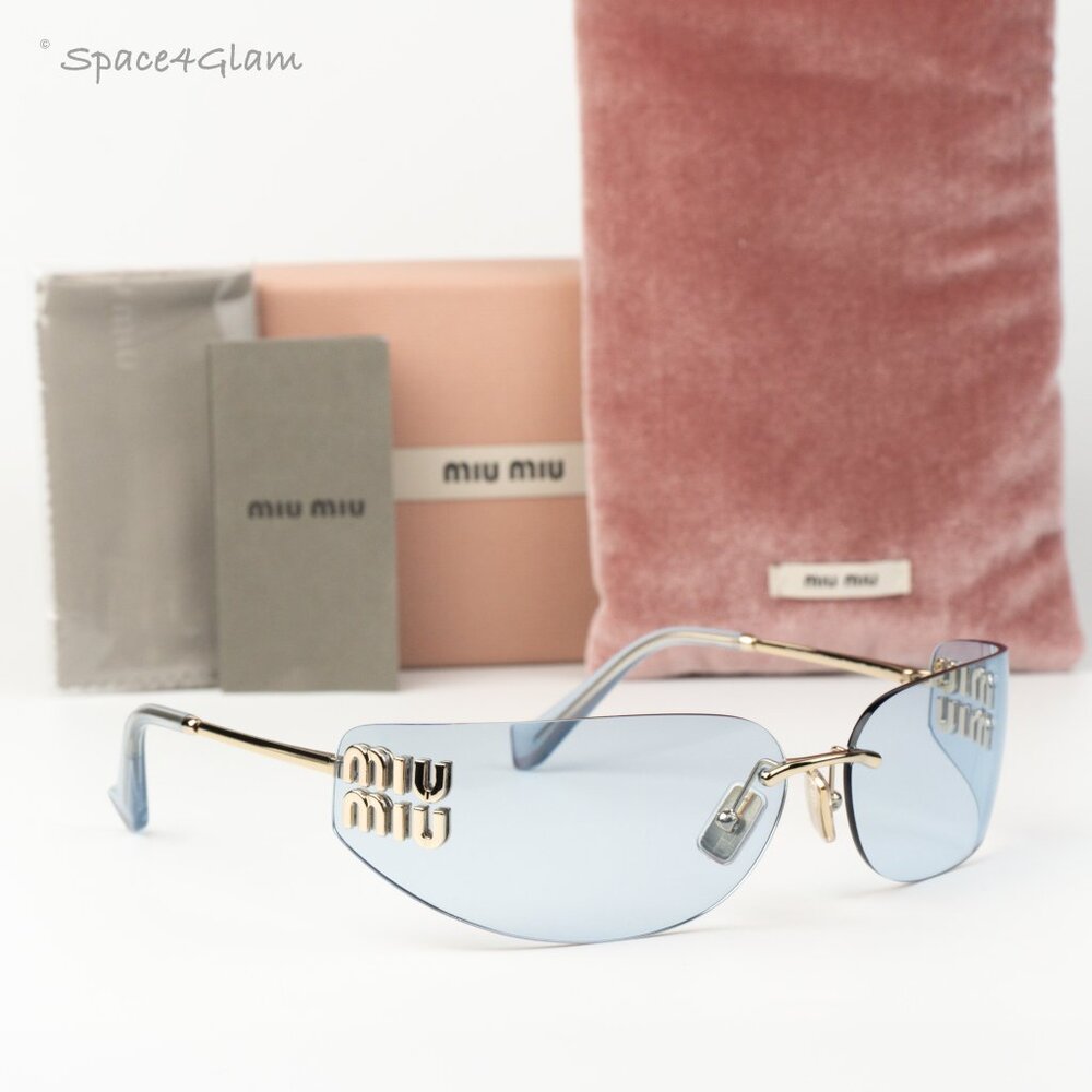 Miu Miu Women Sunglasses Gold Blue Rectangle Rimless MUA51S ZVN10P NEW AUTHENTIC